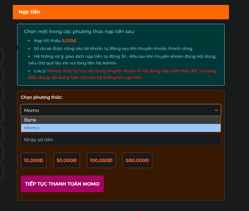 Mô tả chọn phương thức nạp tiền