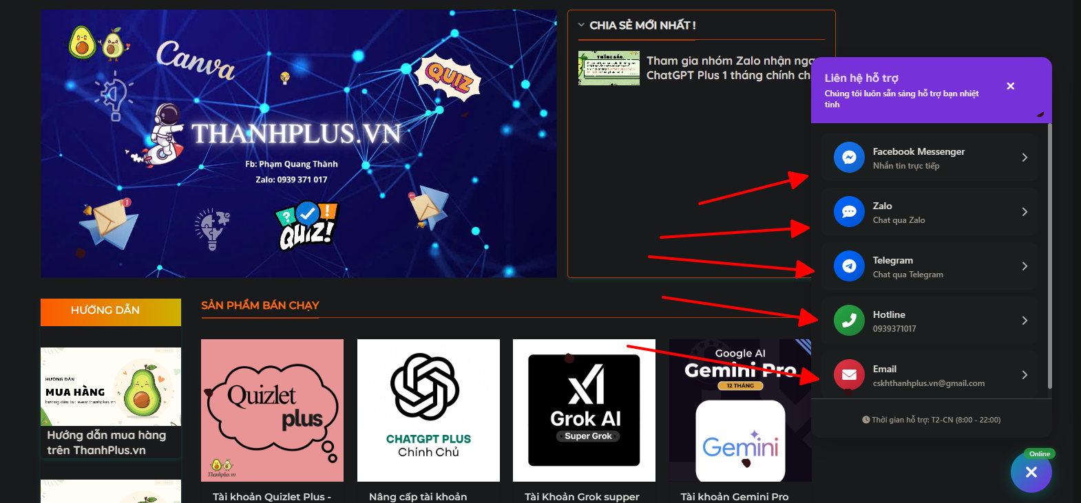 Ảnh mô tả chọn kênh hỗ trợ